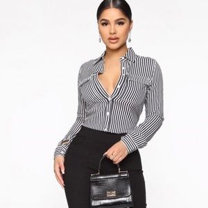 Fashion Nova You Better Work grey striped button-up blouse